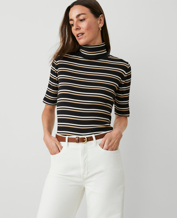 Weekend Collection Stripe Ribbed Turtleneck Elbow Sleeve Top