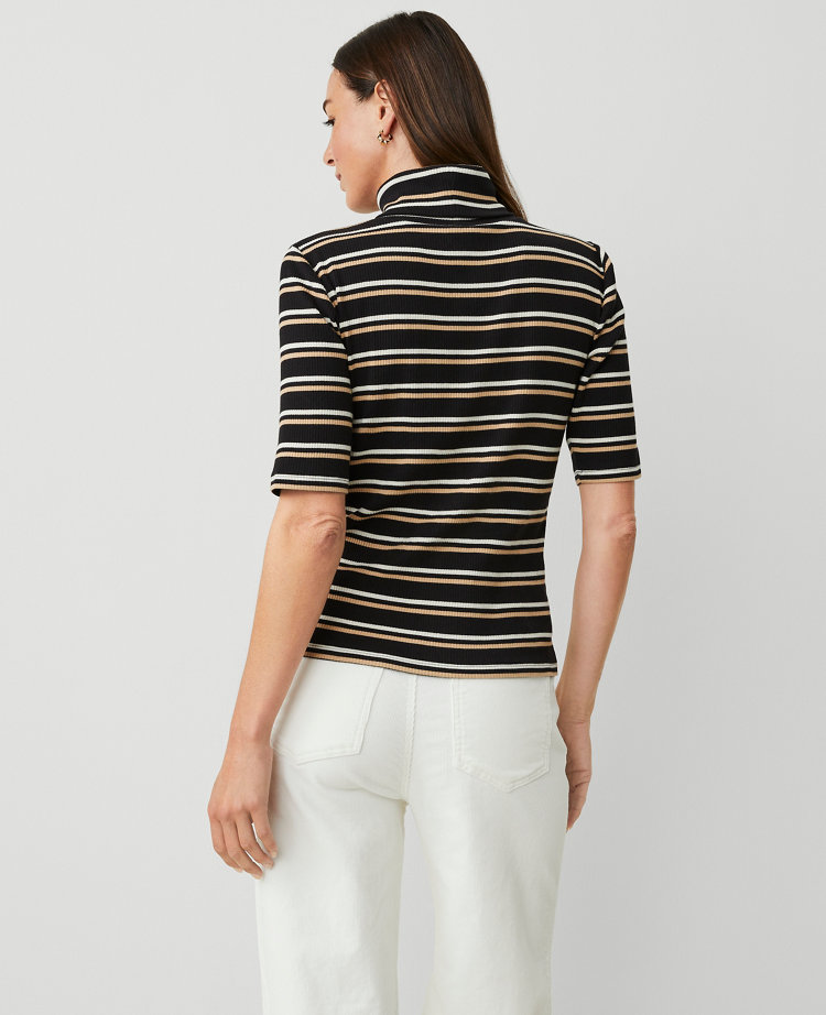 Weekend Collection Stripe Ribbed Turtleneck Elbow Sleeve Top