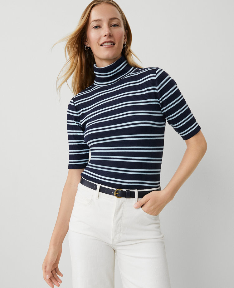 Stripe Ribbed Turtleneck Elbow Sleeve Top