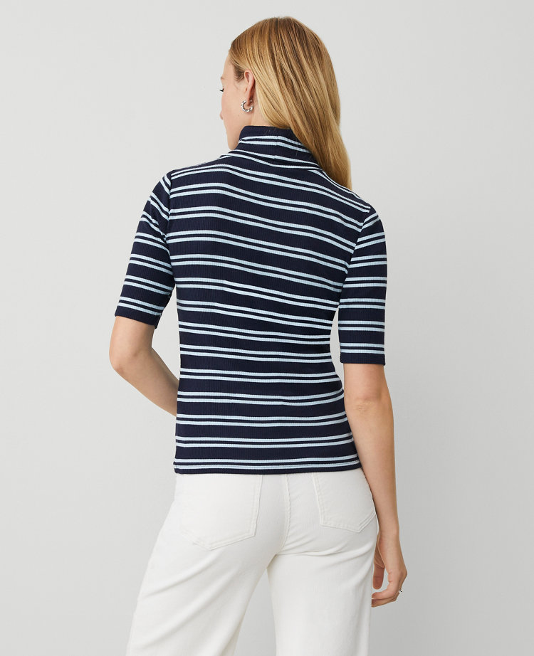 Weekend Collection Stripe Ribbed Turtleneck Elbow Sleeve Top