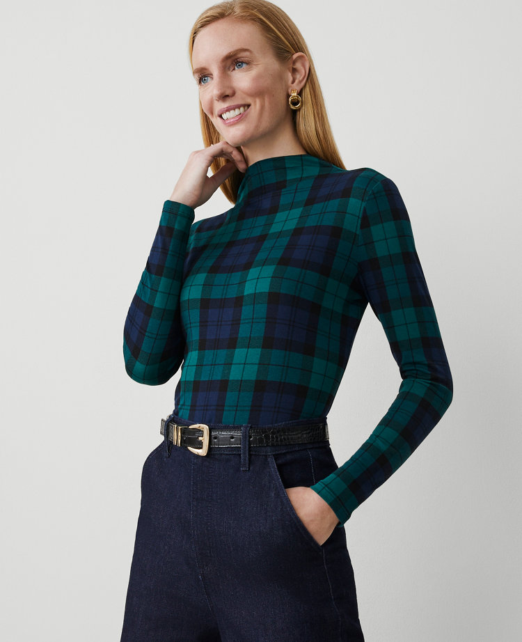 Petite Tartan Long-Sleeve Mock Neck Top