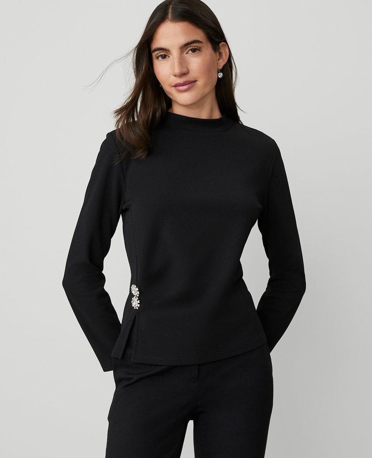 Petite Jewel Button Waist Mock Neck Top