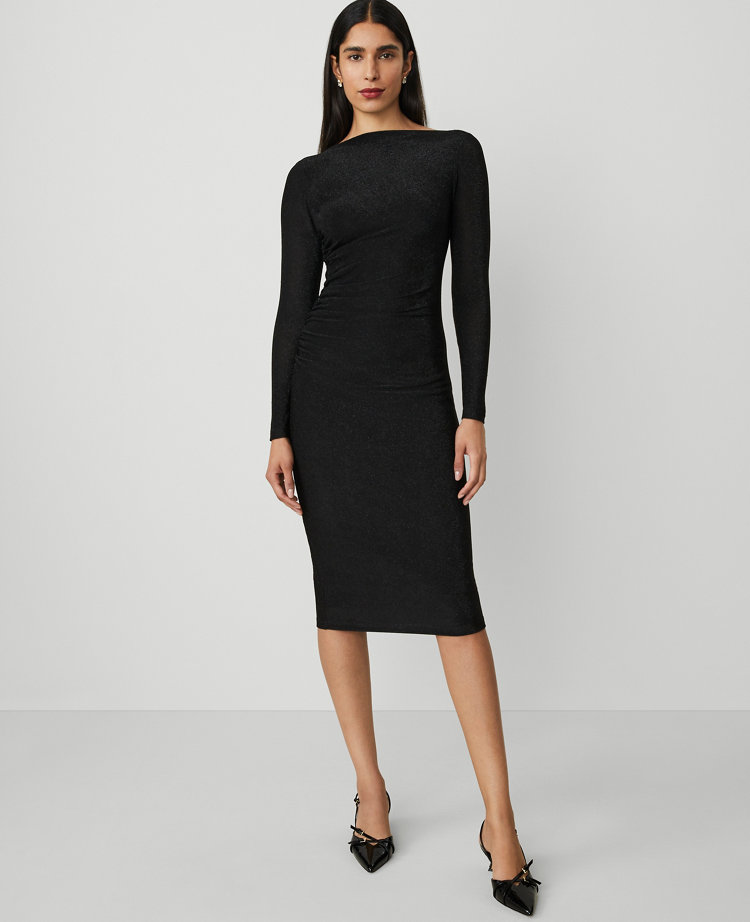 shimmer knit boatneck sheath dress