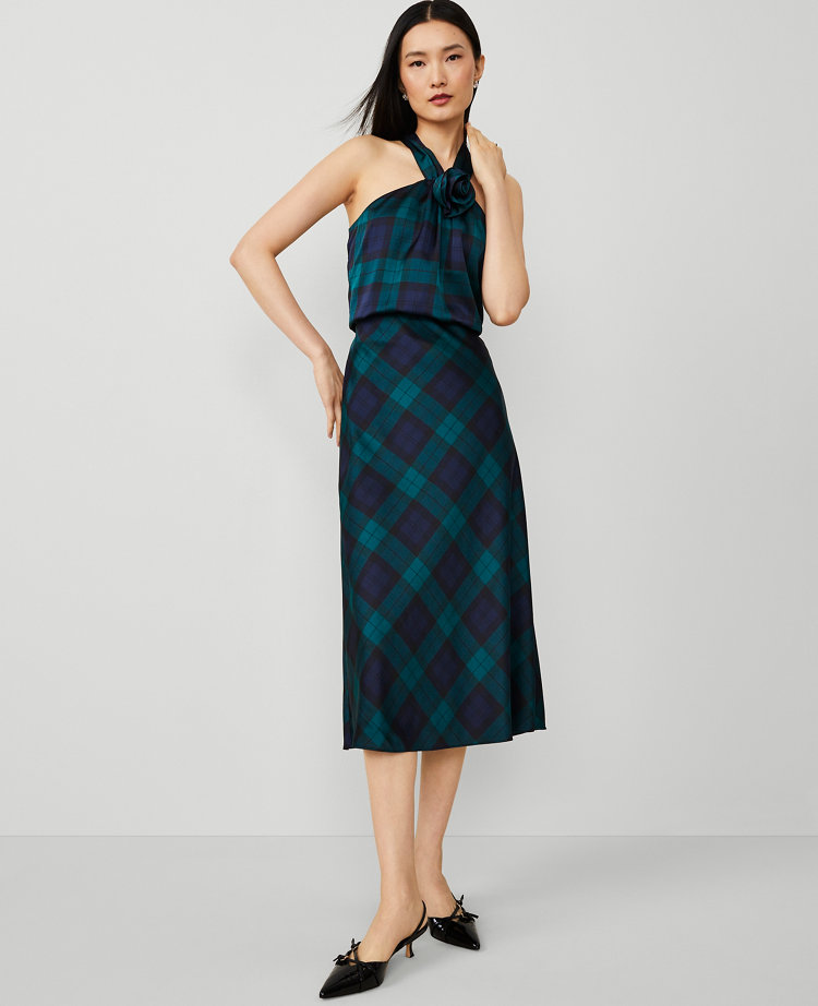 Tartan Bias Midi Slip Skirt