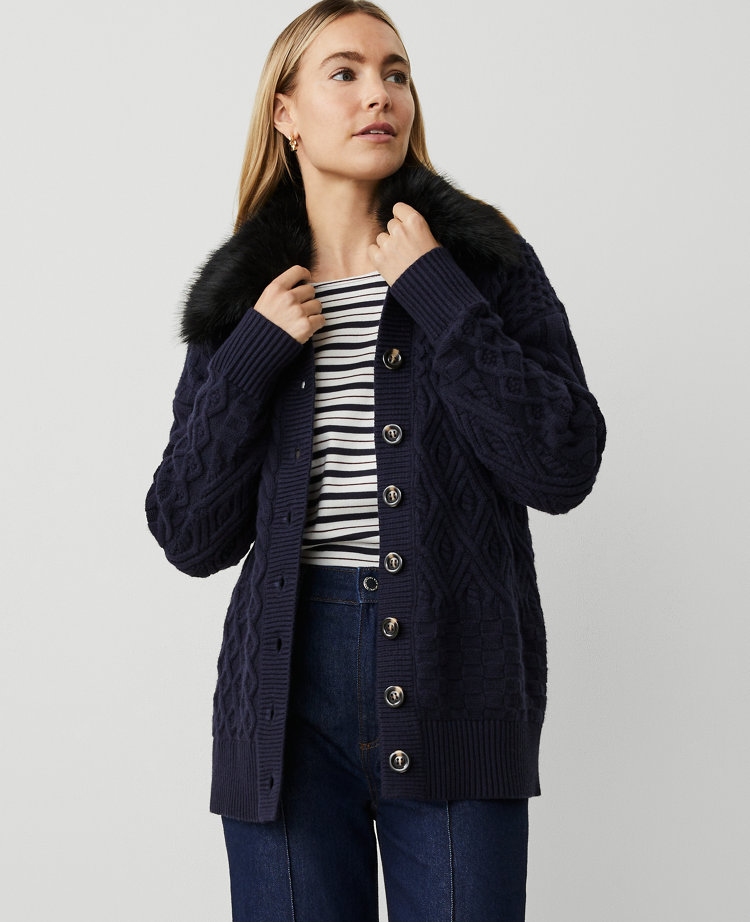 Petite Faux Fur Collared Sweater Jacket