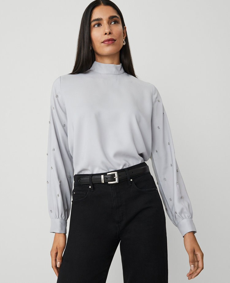 Petite Embellished-Sleeve Mock-Neck Top