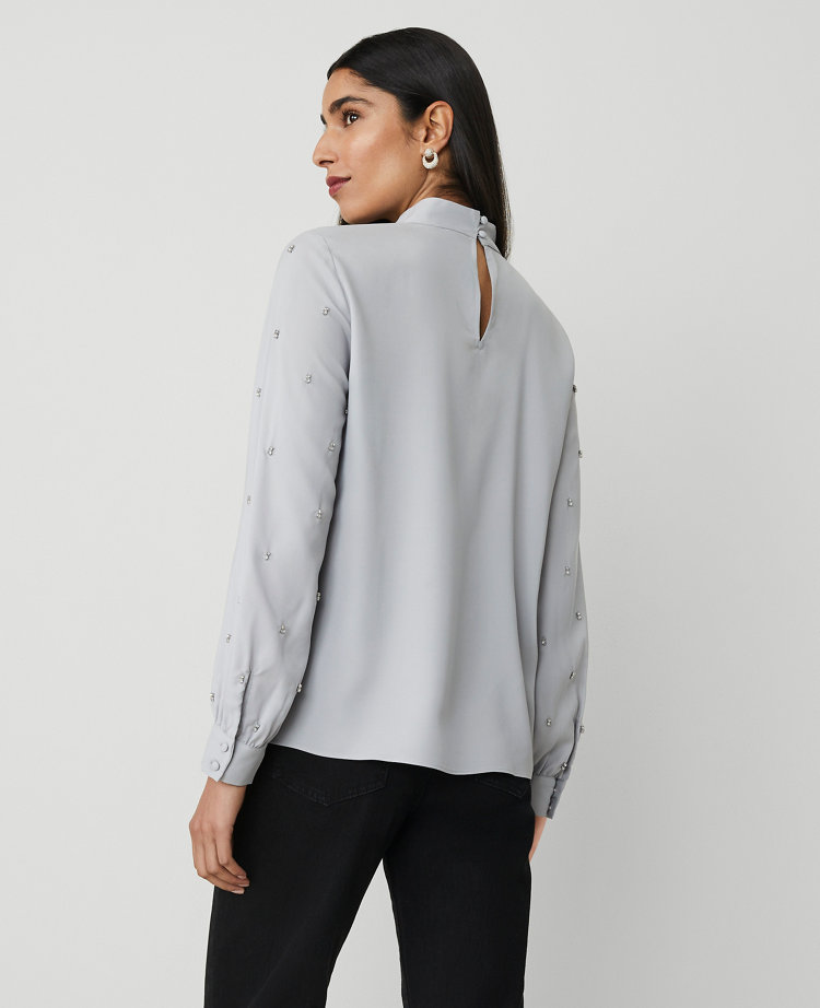 Petite Embellished-Sleeve Mock-Neck Top