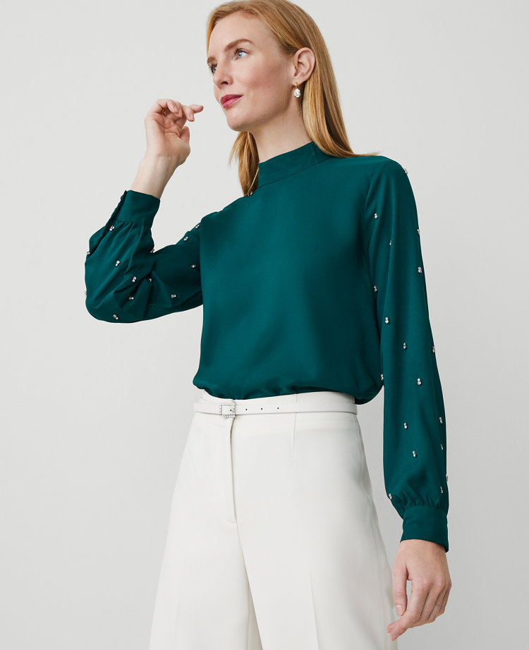Petite Embellished-Sleeve Mock-Neck Top
