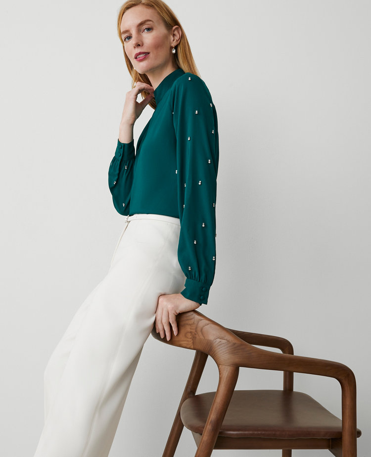 Petite Embellished-Sleeve Mock-Neck Top