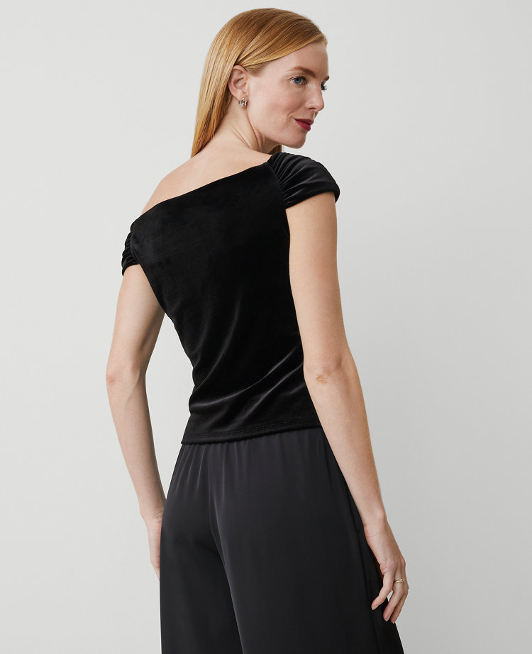 Petite Velvet Asymmetric One-Shoulder Top - Black