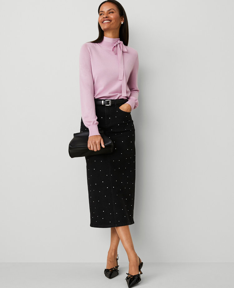 Petite Embellished Denim Column Skirt