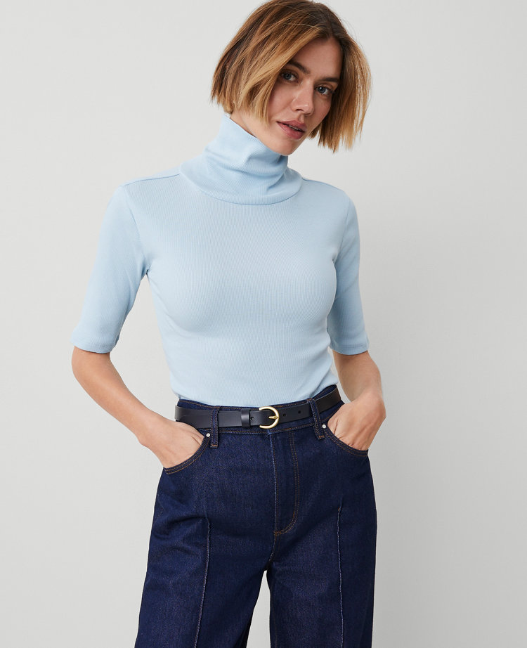 Ribbed Turtleneck Elbow Sleeve Top carousel Product Image 1