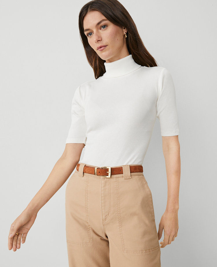 Weekend Collection Ribbed Turtleneck Elbow Sleeve Top