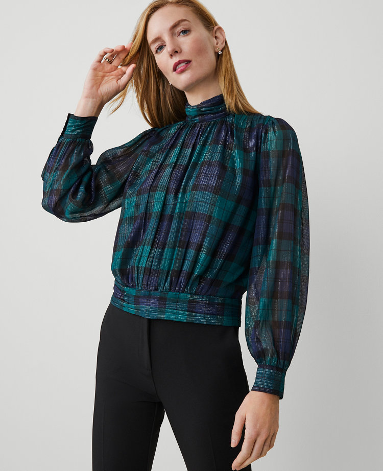 Petite Tartan Shirred Mock Neck Popover