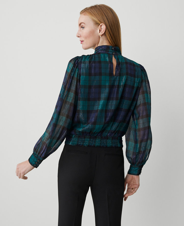 Petite Tartan Shirred Mock Neck Popover