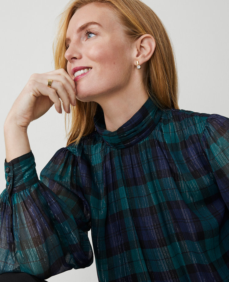 Petite Tartan Shirred Mock Neck Popover