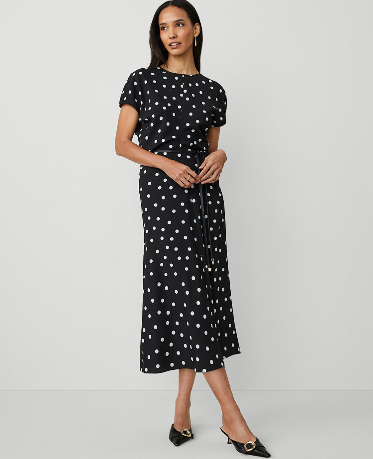 Ann Taylor Dotted Crepe Column Midi Dress Black Women's