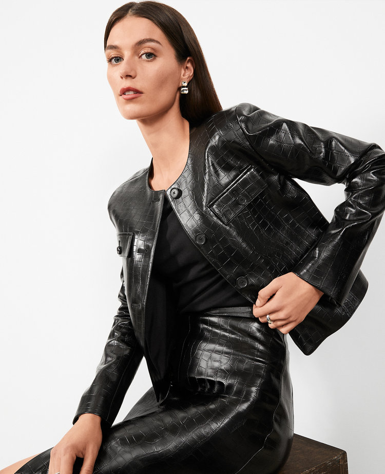 Embossed Faux Leather Cropped Jacket