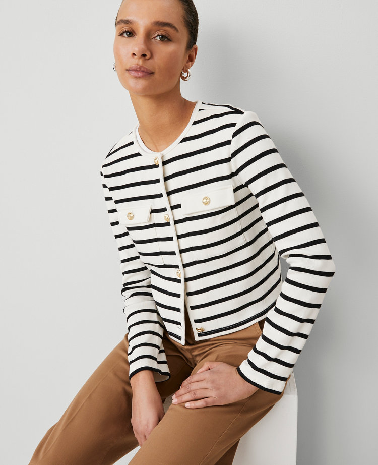 Ann Taylor Striped Knit Jacket Winter White - Black Women's