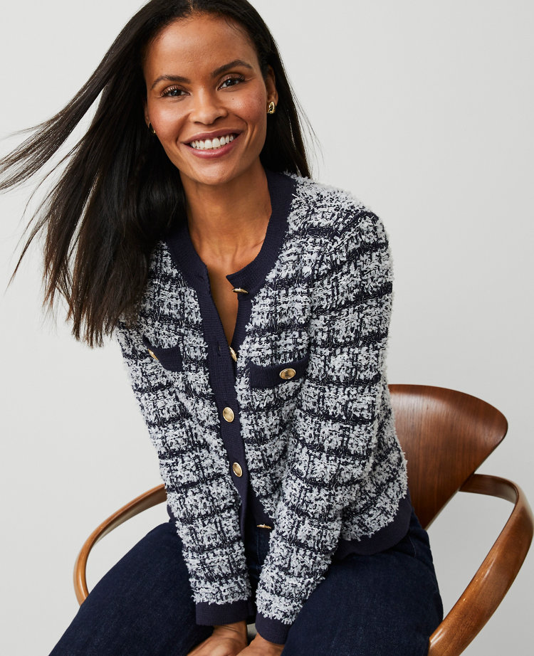 Petite Shimmer Plaid Cardigan