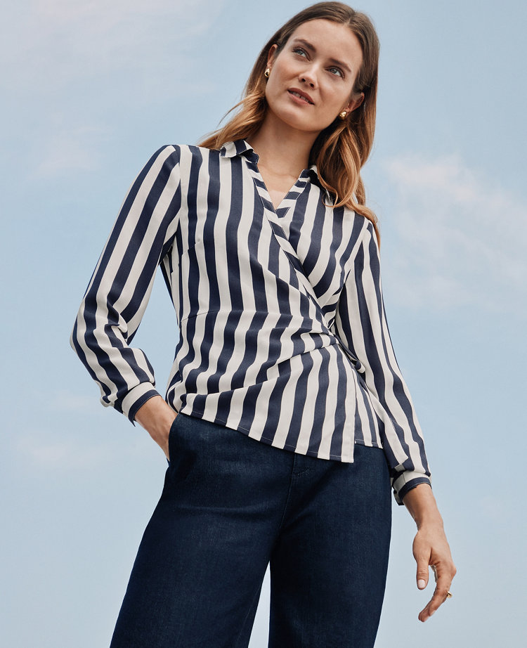 Petite Striped Collared Wrap Blouse