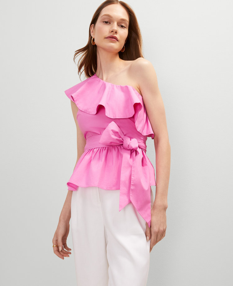 One-Shoulder Tie Waist Blouse