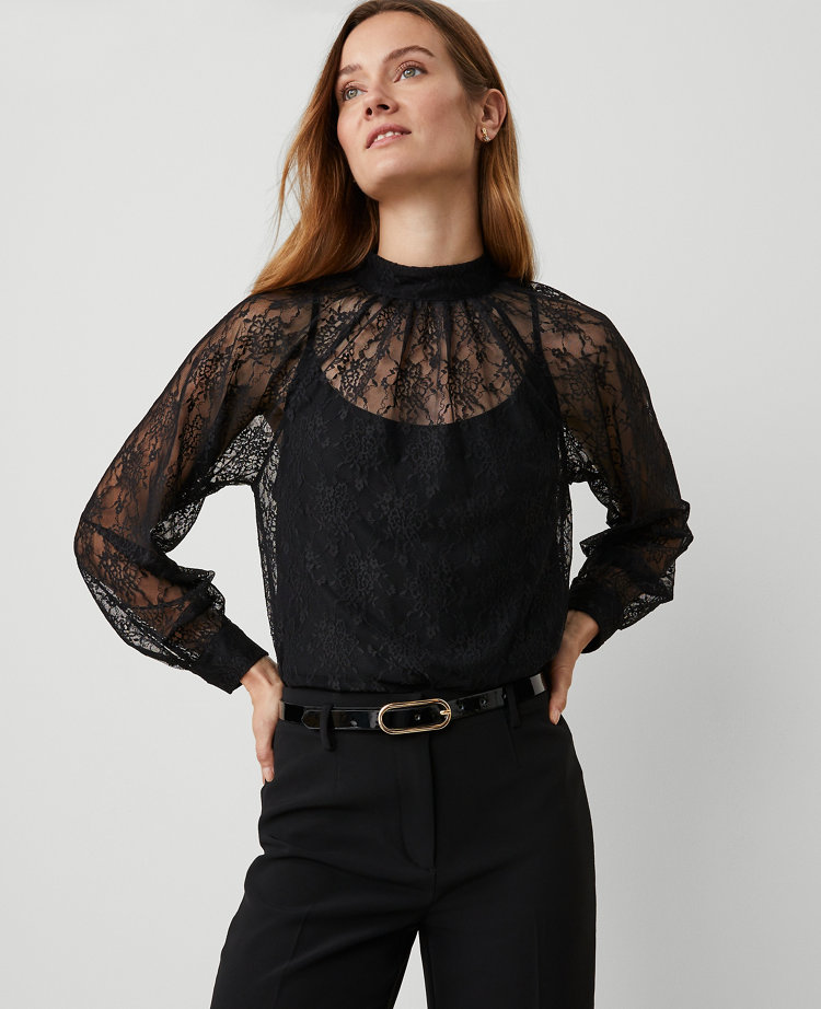 Petite Lace Mock Neck Blouse