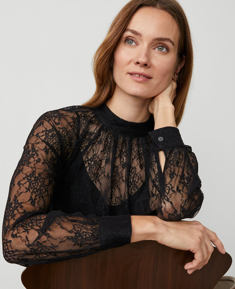 Petite Lace Mock Neck Blouse