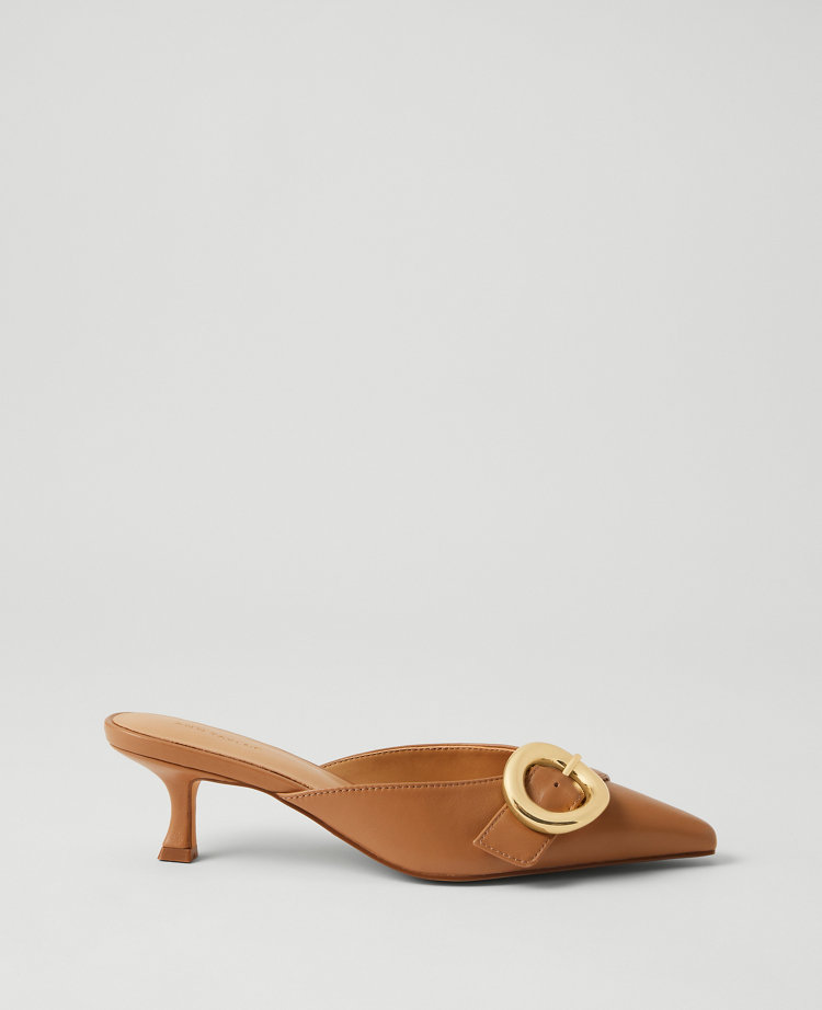 Buckle Nip Toe Leather Kitten Heels