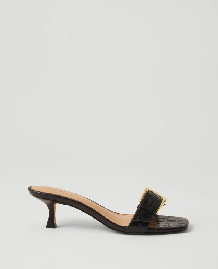 Chunky Buckle Embossed Kitten Heel Sandals
