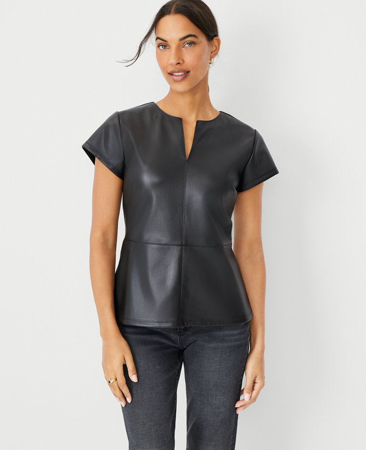 Faux Leather Seamed Split Neck Peplum Top