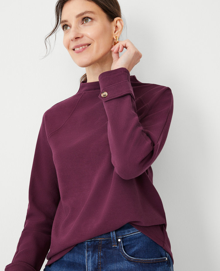 Textured Mock Neck Button Cuff Top