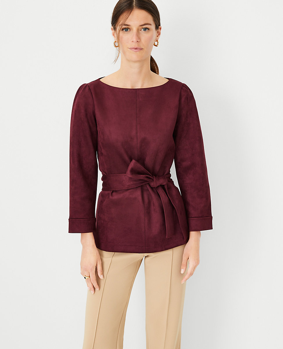 Faux Suede Mixed Media Belted Boatneck Top