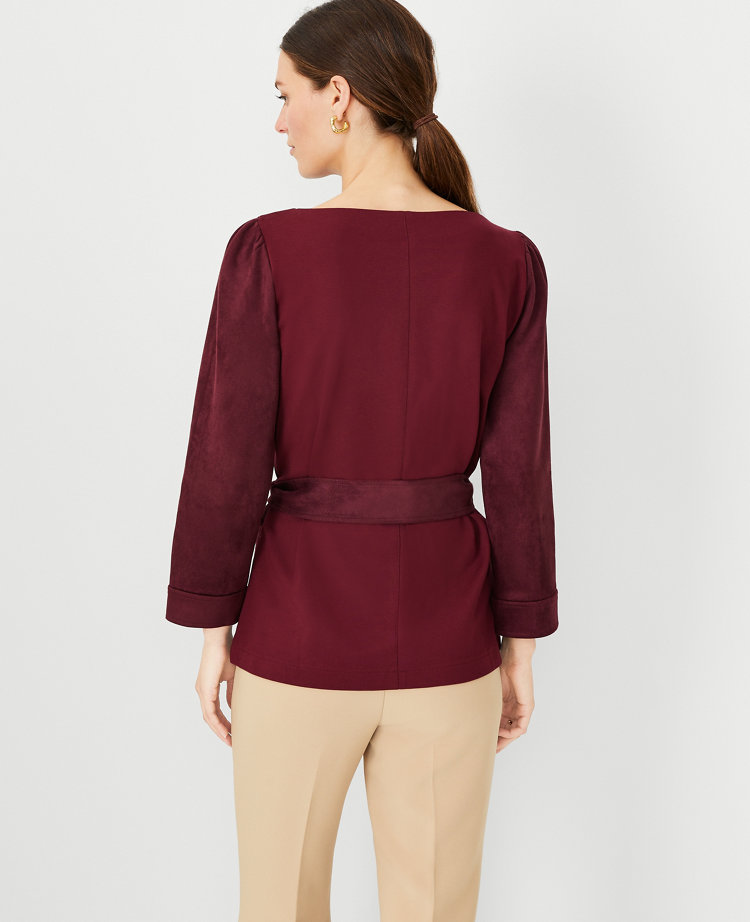 Faux Suede Mixed Media Belted Boatneck Top