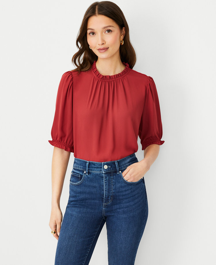 Mixed Media Ruffle Flutter Sleeve Top