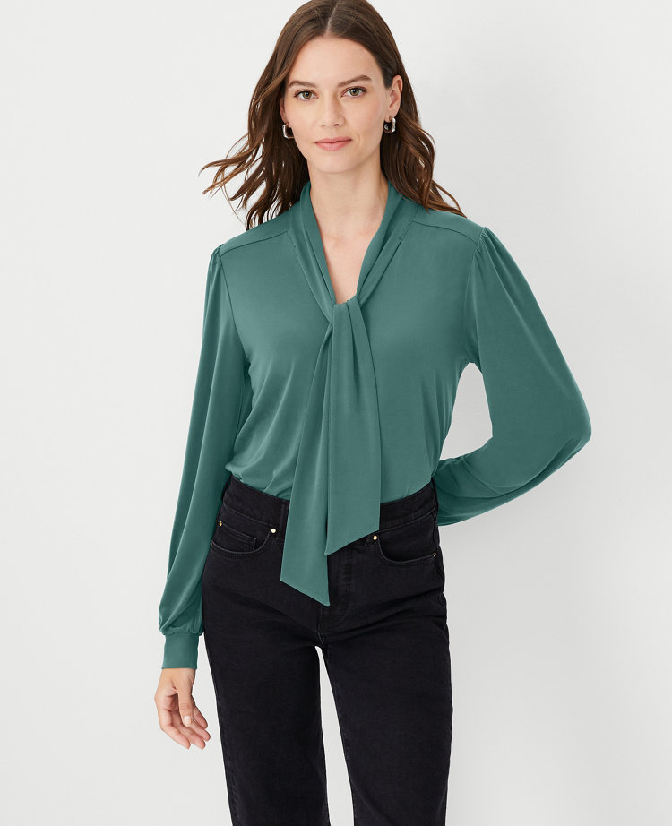 Ann Taylor Tie Neck Top In Teal Isle