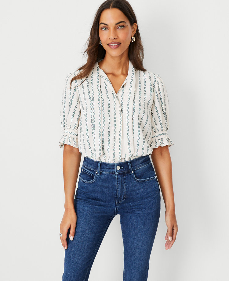 Chain Print Puff Sleeve Tie Neck Button Top