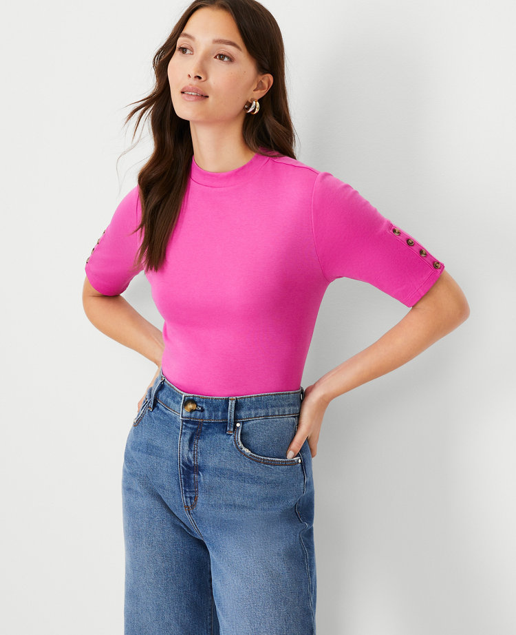 Mock Neck Button Sleeve Top