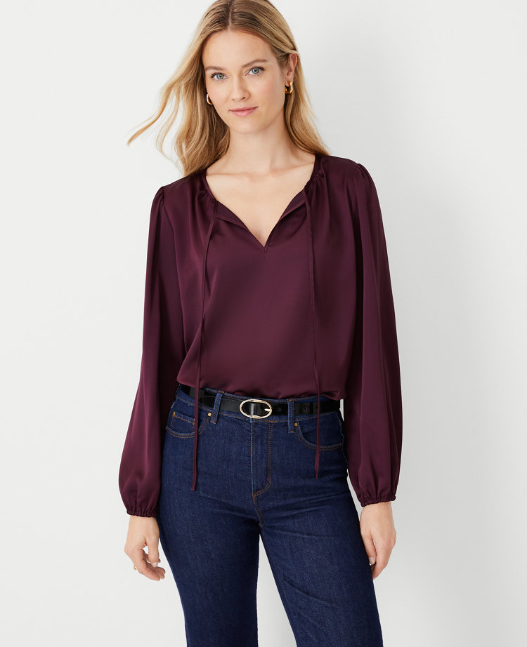 Ann Taylor Shimmer Mixed Media Pleated Sleeve Top - ShopStyle