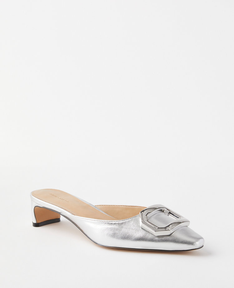 Metallic Leather Buckle Mule Pumps