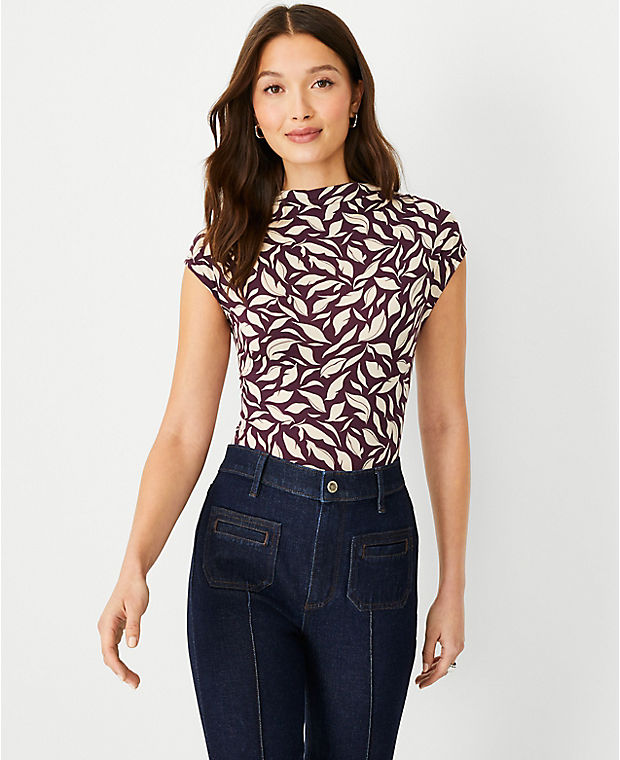 Autumnal Leaves Draped Mock Neck Top