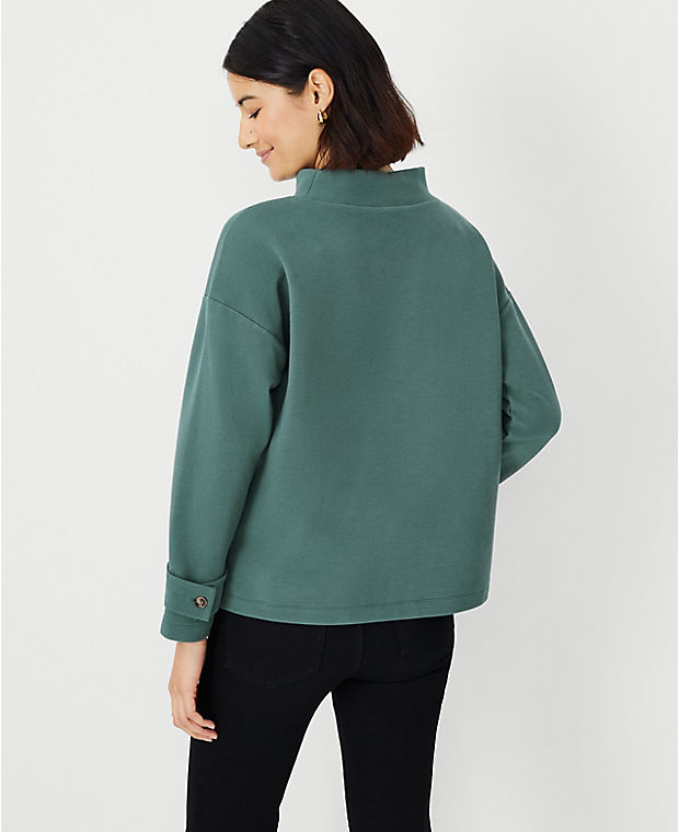 Textured Button Tab Mock Neck Top