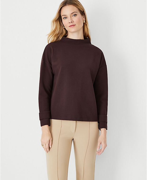 Textured Button Tab Mock Neck Top