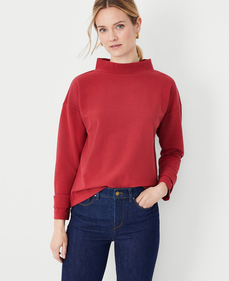 Textured Button Tab Mock Neck Top