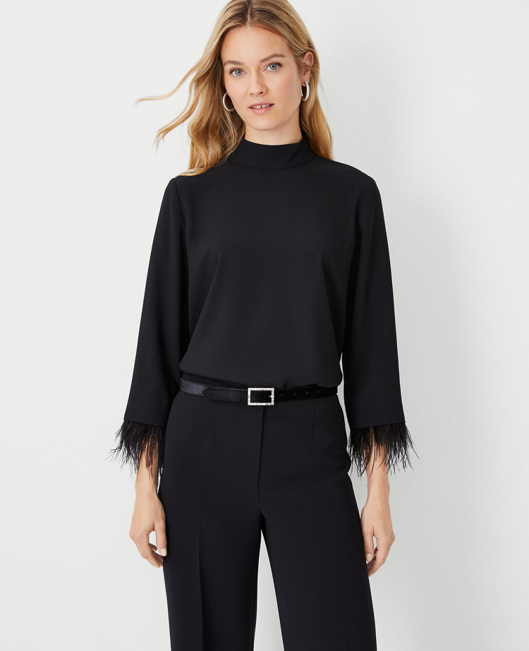 Feather Cuff Mock Neck Top