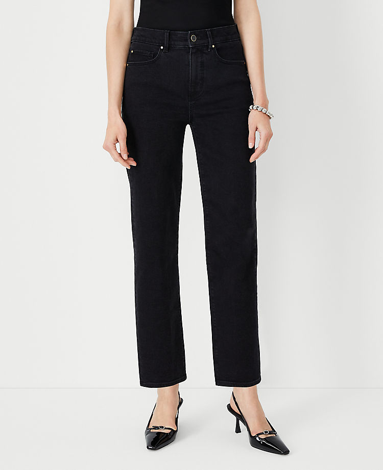Petite Curvy High Rise Straight Jeans in Washed Black Wash