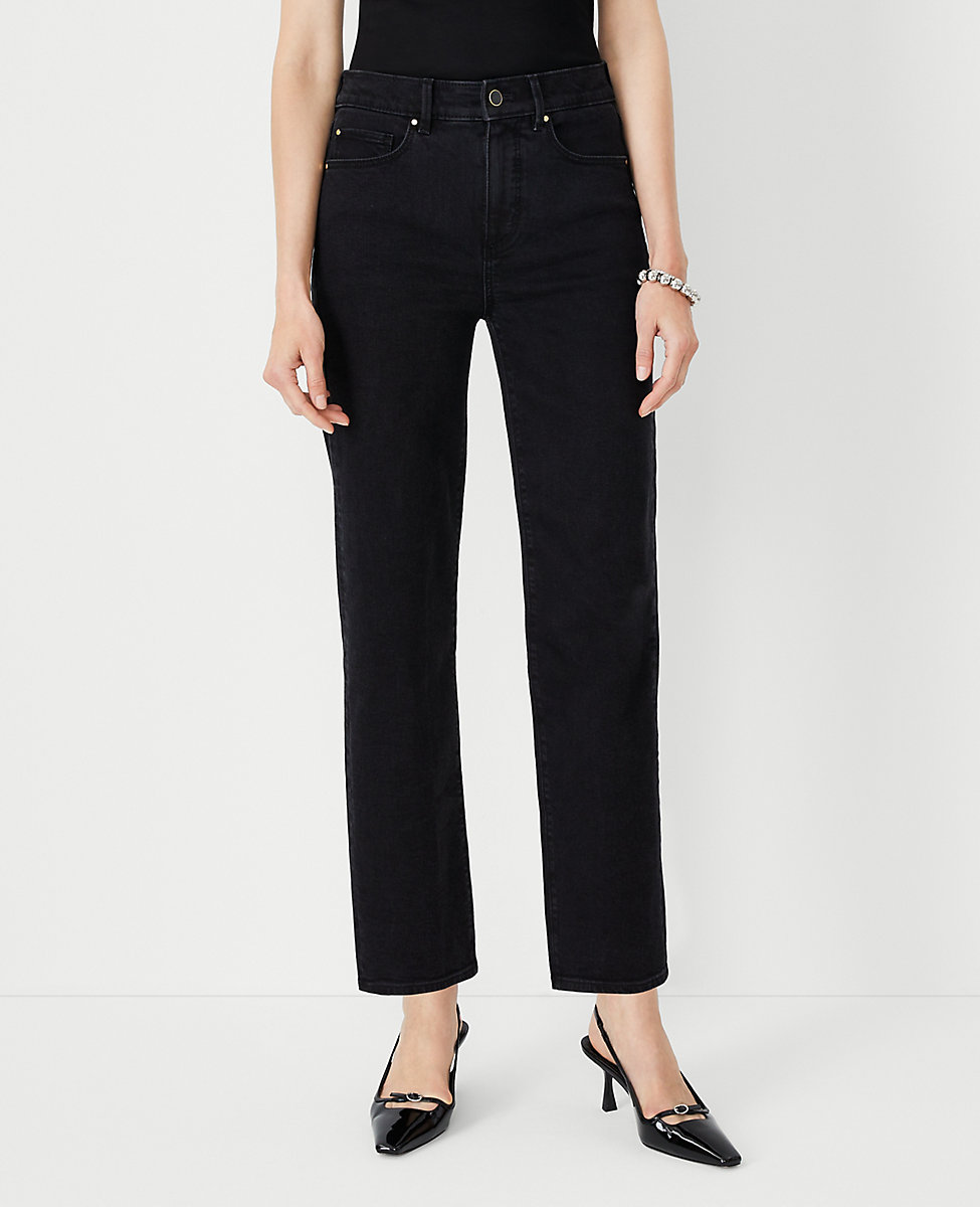 Petite Curvy High Rise Straight Jeans in Washed Black Wash