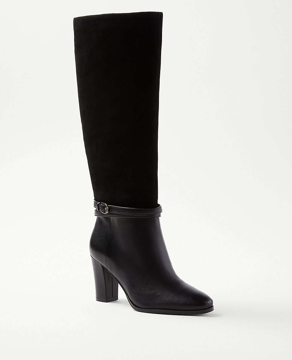 Leather & Suede Pull On Knee High Boots