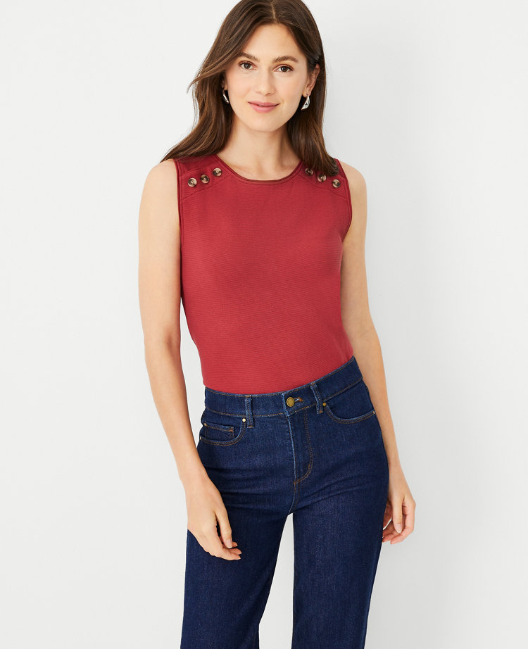 Textured Sleeveless Shoulder Button Top