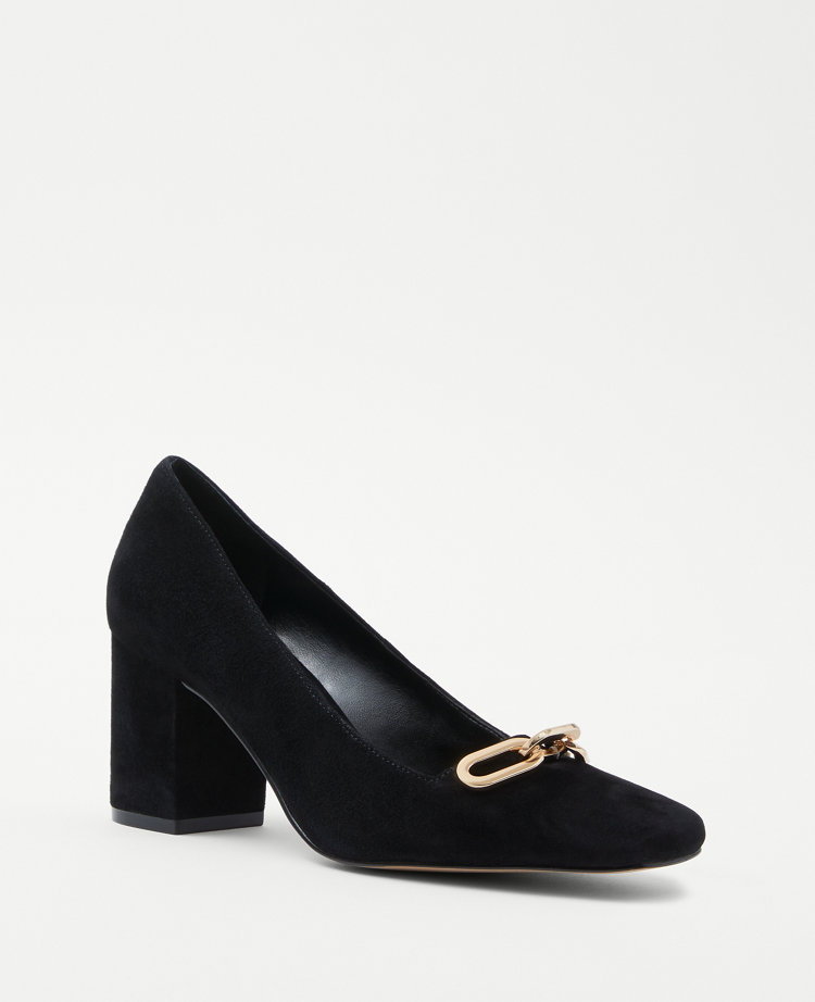 Chain High Block Heel Suede Pumps